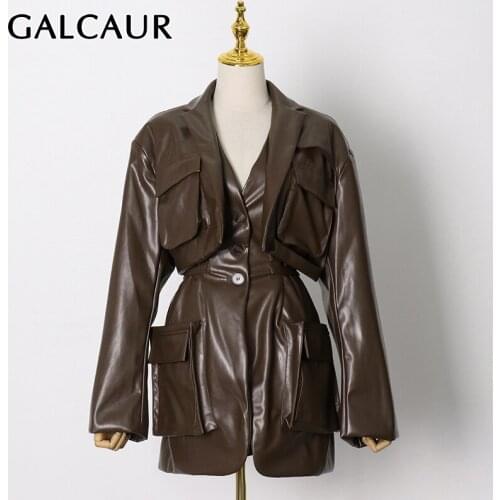 GALCAUR Brown Blazers For Women Notched Collar Long Sleeve Patchwork Pockets Lace Up High Street Coats Female 2020 Fall Clothing
