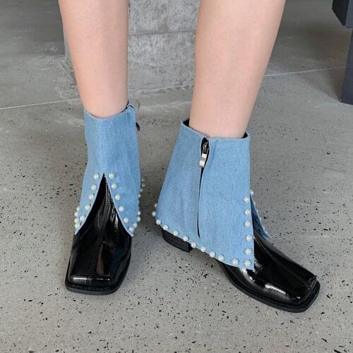 Womens Square Toe Denim Jeans Ankle Boots Block High Heel Pearls Shoes Western Chelsea Cowboy 3Colors New 2022