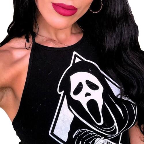 Women Fashion Halter Gods of Death Print Tops Stylish Sleeveless Backless Tops for Ladies