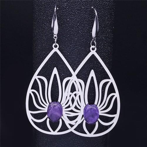 Boho Yoga Water Drop Lotus Natural Stone Purple Crystal Stainless Steel Big Earrings Women Silver Color Jewelry bijoux EXS04