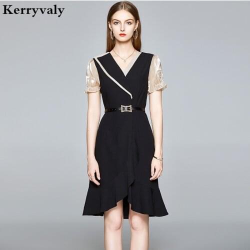 Office Lady Black Irregular Ruffled Summer Dress Zomerjurk Dames 2021 Female Short-Sleeved V-neck Midi Party with Belt K9105
