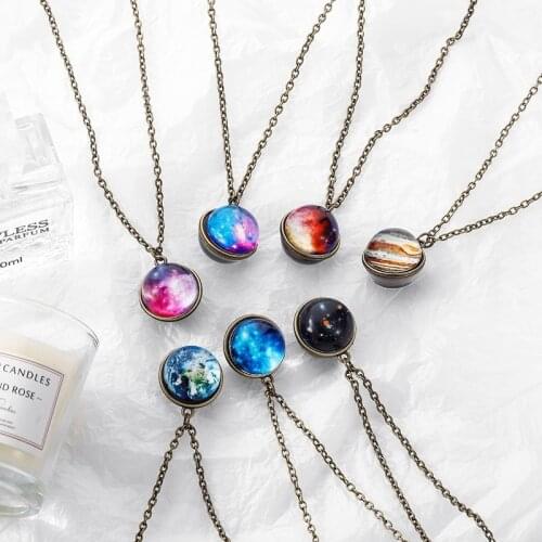 Women Necklace Glass Ball Nebula Space Universe Galaxy Necklace Stars Pendant Crystal Collars Planet Pattern Link Chain