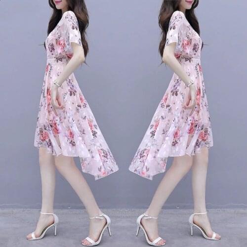 2021 New Female Chiffon Dresses Women Summer Dress Elegant Swallowtail Fairy Dress Ladies Printing Short Sleeve Vestidos