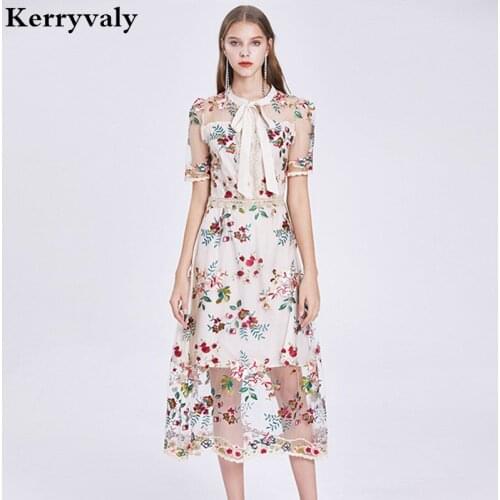 French Hepburn Elegant Mesh Floral Embroidered Dress Robe Femme T 2021 Gothic Vintage Runway Party Dress Dames Jurken K9807