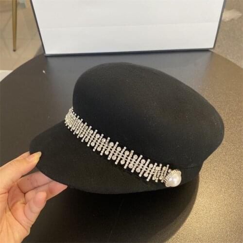 202012- shi autumn winter wool rhinestone chain Pearl button lady octagonal hat women leisure visors cap