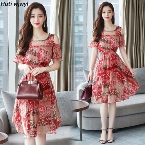 2021 Vintage Plus Size Off Shouldder Boho Sundress Summer Print Chiffon Beach Midi Dresses Women Bodycon Elegant Party Vestidos