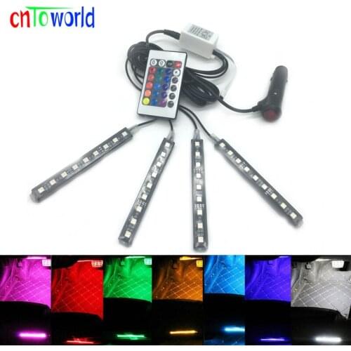 4Pcs Car RGB LED Strip 9 SMD 5050 6W Car Interior Floor Decorative Atmosphere Strip Auto Pathway Floor Light Remote Control 12V
