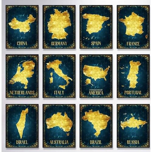 Abstract Golden Map Canvas Art Country Map Posters and Prints Canvas Paintings Wall Art Pictures for Living Room Decor