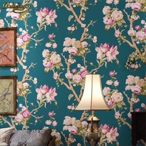 Beibehang papel de parede American Rural Pastoral Retro Green Large Flower Wallpaper Bedroom Living Room Bedside Background
