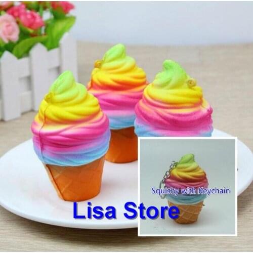 Free DHL 100pcs 10cm PU Rainbow Icecream Squishy Keychain Toy Fairy Ice Cream Super Slow Raising Novelty Phone Strap Bag Pendant