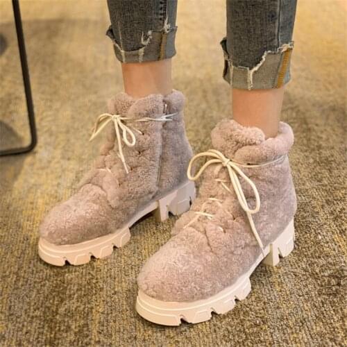 PXELENA NEW Designer Lambswool Real Fur Snow Boots Women Waterproof Winter Warm Plush Ankle Boots Chunky High Heels Shoes Ladies