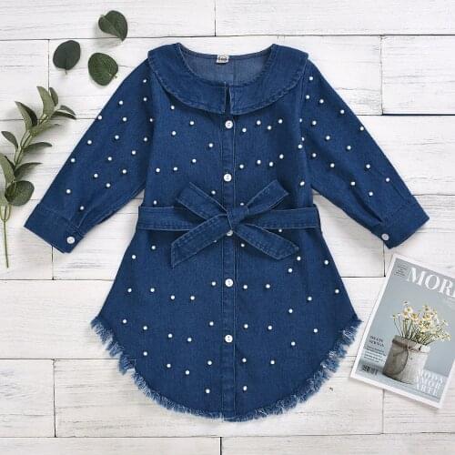 Kids Girls Denim Shirts Dress Long Version Dot Print Shirts Long Sleeve Spring Beaded Shirt Dress Tassel Jean Shirt Dress