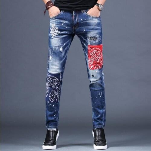 28-38 Autumn And Winter Tide Embroidered Jeans Mens Hole Patch Trousers Self-cultivation Feet Elastic Patch Pants Singer Jeans