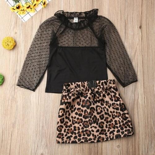 Emmababy Toddler Kids Baby Girl Infant Clothes Long Sleeve Lace Patchwork T-shirt Tops Leopard Dress Outfit Set Autumn