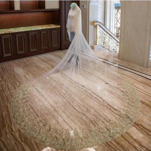 Bride lace veil cathedral white or ivory two-layer romantic wedding blush veil golden lace trim with comb wedding accessories