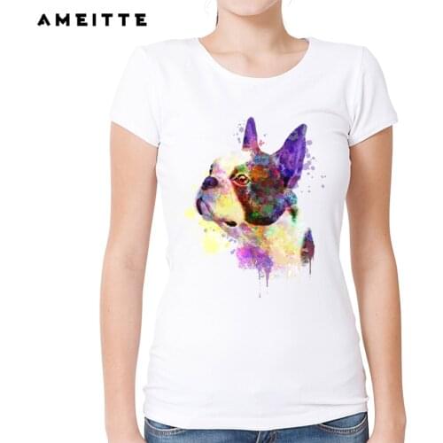 AMEITTE Watercolor Boston Terrier/Pit bull/Dachshund/French Bulldog T-Shirt Womens Cute Dogs Portrait Printed T Shirt Tops