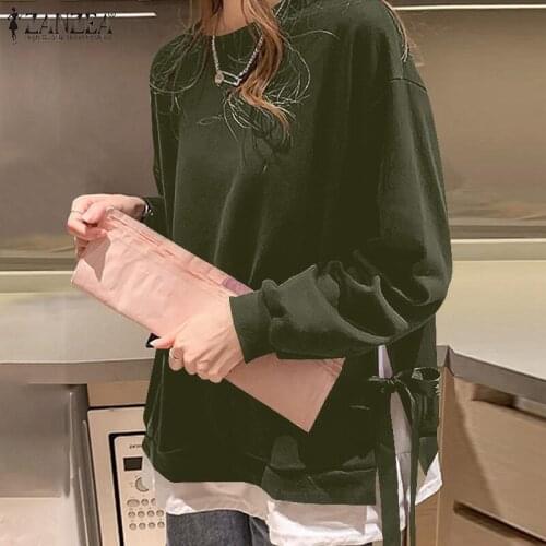 Fashion Solid Hoodies Womens Autumn Sweatshirts ZANZEA 2021 Casual Long Sleeve Pullovers Female O Neck Pachwork Bandage Tops