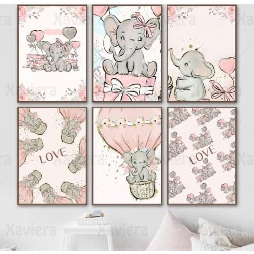 Cartoon Cute Elephant Wall Art Canvas Painting Pink Balloon Nordic Posters and Prints Home Decor Nursery Decor Kids Room Mural