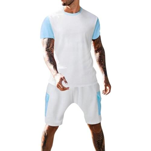 58# Men’s Summer 2-piece Beach Patchwork Short Sleeve Shirts & Shorts Pants Sets Pantalones Cortos De Hombre Pantalon Hombre