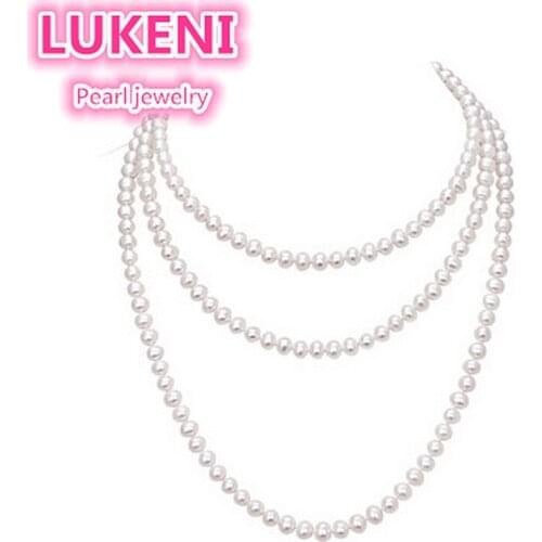 Genuine 200cm length Sweater chain top 7mm nearroundround natural pearl Necklaces Fashion jewelry For women Free shipping