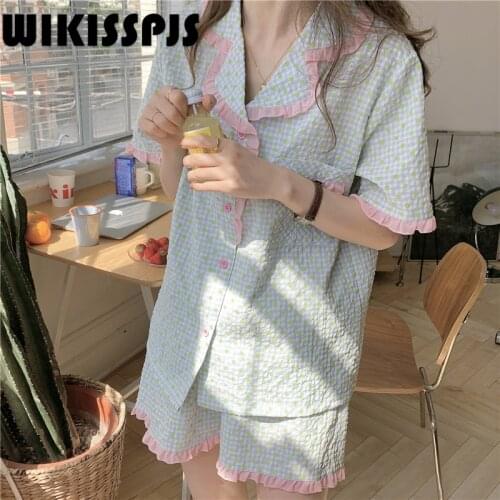 2021 Summer New Short Sleeve Ruffle Plaid Dot Cute Cardigan Home Suit Pajama Set Women Kawaii Pajama Womens Two Piece Sets