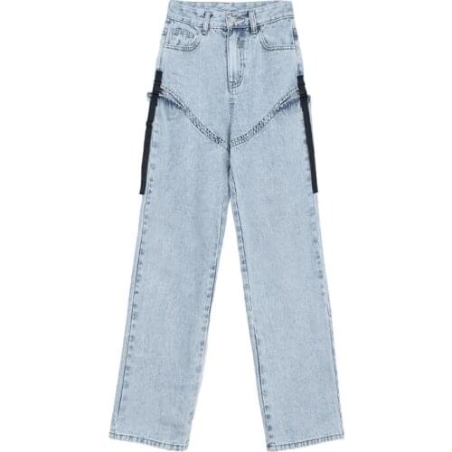 New Spring Jeans Women Vintage Washed Jeans Loose High Waist Wide Leg Pants Fashion Hole Jeans Casual Straight Jeans Cotton