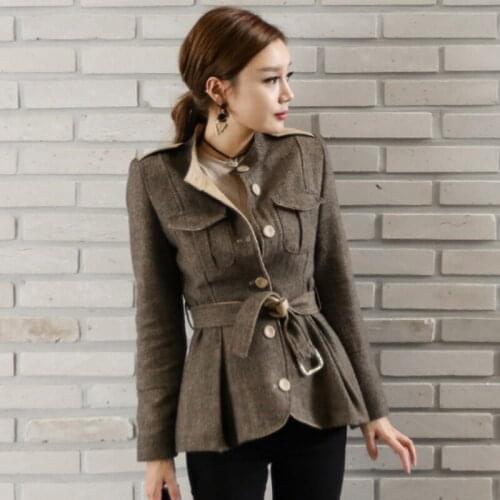 Fall Winter Fashion Korean Womens Sash Eqaulet Zipper Wool Coats and Jacket , Woman clothes Long Sleeve Slim Woolen Coat Jacket