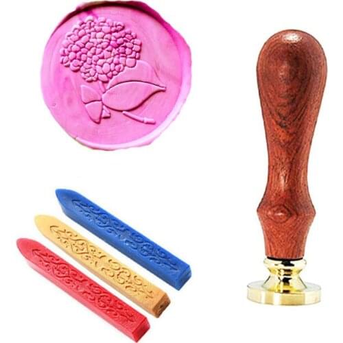 Plant Hydrangea Flower Natural Wax Seal Stamp with 3 Sealing Wax, Gold ,blue and Wine Red Wax
