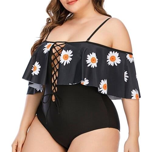 Sexy Off-Shoulder Womens Plus Size Swimsuit One-Piece Laced Up Ruffle Bikini Monokini Large Size Swimwear Summer Beach Wear 5XL