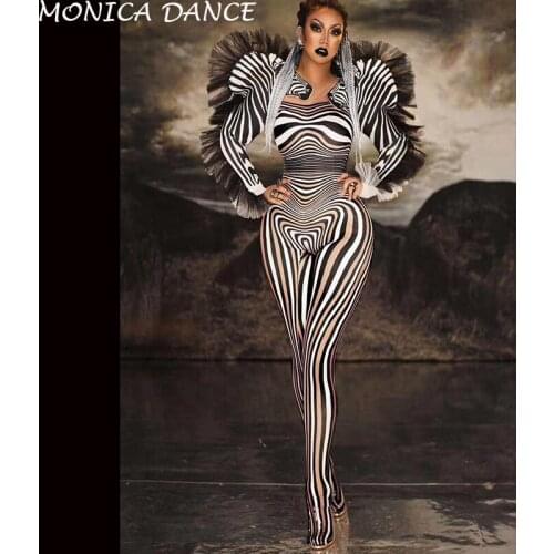 Sexy Stage Zebra Pattern Jumpsuit Women Singer Sexy Stage Outfit Bar DS Dance Cosplay Bodysuit Costume Prom Costume