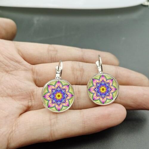 Tafrey alloy earrings mandala artwork photo glass round pendant yoga sacred geometry earrings fashion jewelry handmade earrings