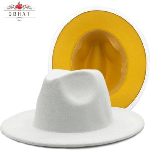QBHAT Outer White Patchwork Wool Blend Vintage Men Women Fedora Hats Unisex Classic Big Brim Panama Trilby Hats Party Jazz Hat