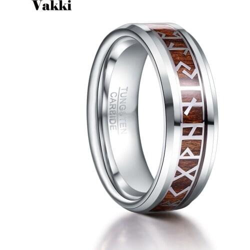 JQUEEN Retro Phoenician Text Pattern Wood Inlay Groove Tungsten Carbide Rings Tungsten Carbon Engagement Mens Jewellery