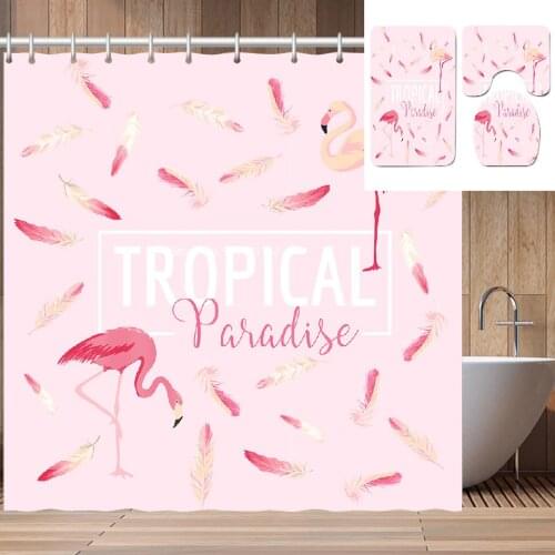 3D Flamingo Peacock Print Shower Curtain Home Decor Waterproof Shower Curtain Non-slip Bath Mat Toilet Pad Set