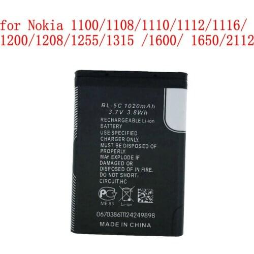 High Quality 1020mAh BL-5C battery for Nokia 1000 1010 1108 1110 1112 1116 E50 E60 N70 6680 2020 BL5C