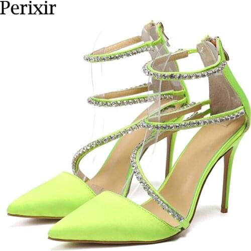 Perixir Design Women Sandals Pointed Toe Fluorescent Green Silk High Quality Crystal Back Zipper Club Wear Sexy Lady Shoes CY029