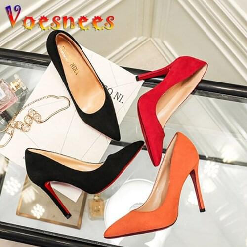 Gladiator Pumps Women Shoes Red Flock Slip-On Shallow Wedding Party Pointed Toe High Heels 6-10cm Ladies Pump Chaussures Femme