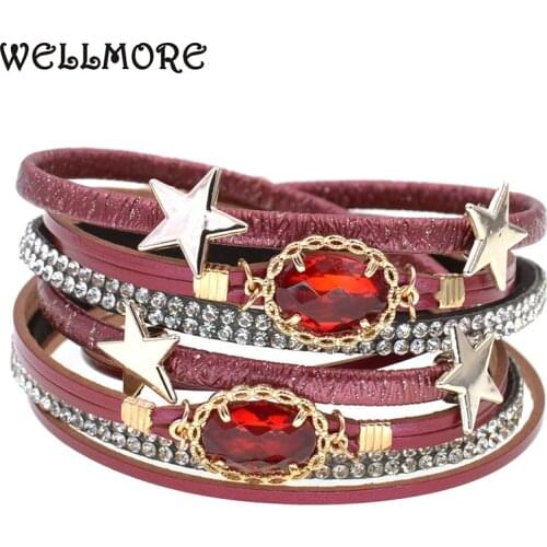 Multilayer Leather Bracelet women Trendy Rhinestone Crystal Femme stars Wrap Bracelets & Bangles For Women fashion Jewelry