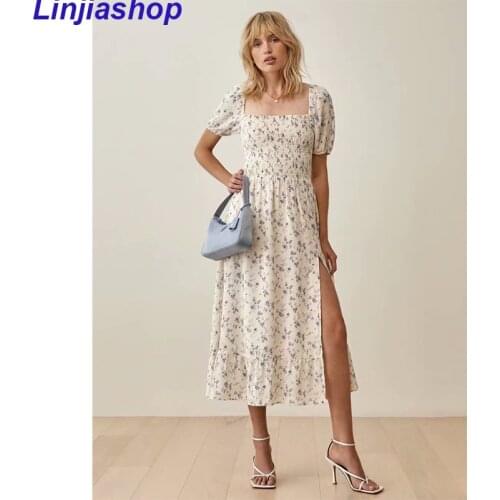 Womens Casual Floral Square Neck Puff Sleeve Long Dress Summer Side Split Ruch Midi Dress Lady Holiday Streetwear Vestidos