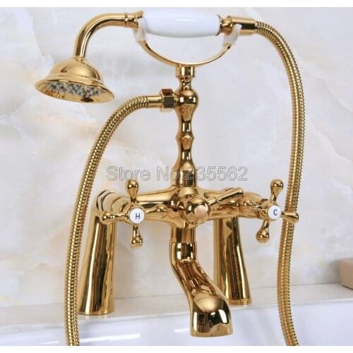 Golden Brass Bathroom Deck Mount Clawfoot Bath Tub Faucet W/ Handshower lna152