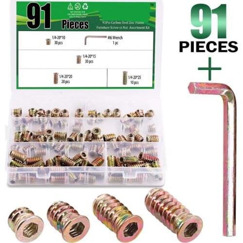 90Pcs 1/4" - 20 Nut Inserts Assortment Kit with M6 Hex Spanner, Furniture Screw in Nut Threaded, Wood Inserts, Bolt Fastener Con