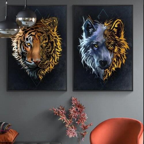 Golden Tiger And Wolf Head Abstract Wall Art Prints Animals Nordic Canvas Poster Painting Decorative Picture For Living Room