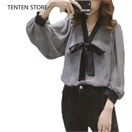 Puff sleeves chiffon blouses womens printed casual loose long sleeve v neck bow tie shirts ladies office fashion blouses black