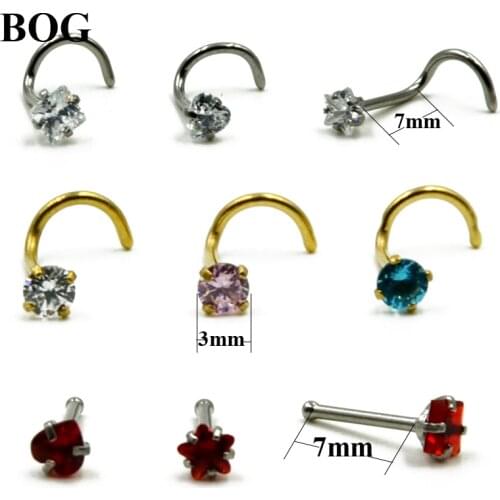 BOG-1piece Prong Set 3mm Zircon Gem Twist Curve Screw Nose Nostril Piercing Ring Stud Nail Piercing Body Jewelry 20g