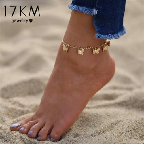 17KM Bohemian Gold Butterfly Anklets For Women Fashion Siilver Color Beads Anklet Summer Beach Ankle Bracelet Foot Chain Jewelry
