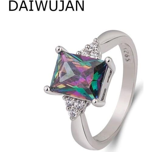 DAIWUJAN Luxury Multicolor Square Crystal Rings for Women 925 Silver Topaz Ring Party Engagement Jewelry Bague Femme Size 6-10