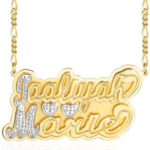 Double Layer Two Tone Personalized Gold Plated Name Necklace with Two Hearts