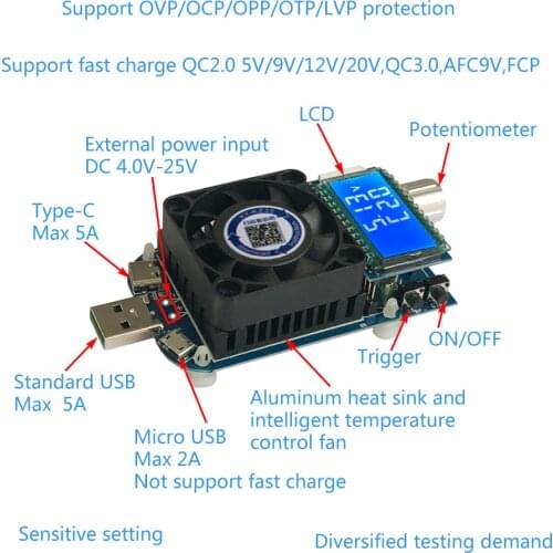 DC Electronic Load Tester 35W 5A Adjustable USB Intelligent Protection Aging Resistor Discharger Voltage Current Power Battery