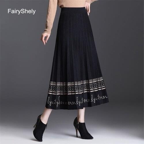 FairyShely 70/80cm Length Knitted Long Pleated Skirts Women 2020 Autumn Winter Warm High Waist Midi Skirt Ladies Office Skirts