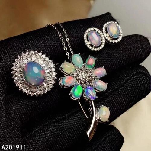 KJJEAXCMY fine jewelry 925 sterling silver inlaid Natural Opal Ring Earring Necklace brooch Womens Suit Support Test noble